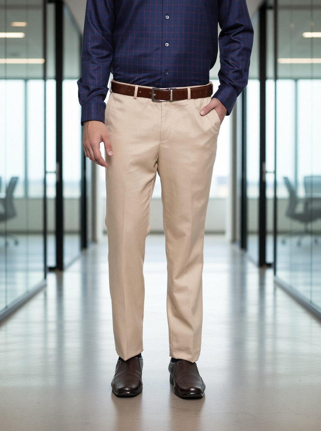 Image of AENT Regular Fit Men Beige Trousers