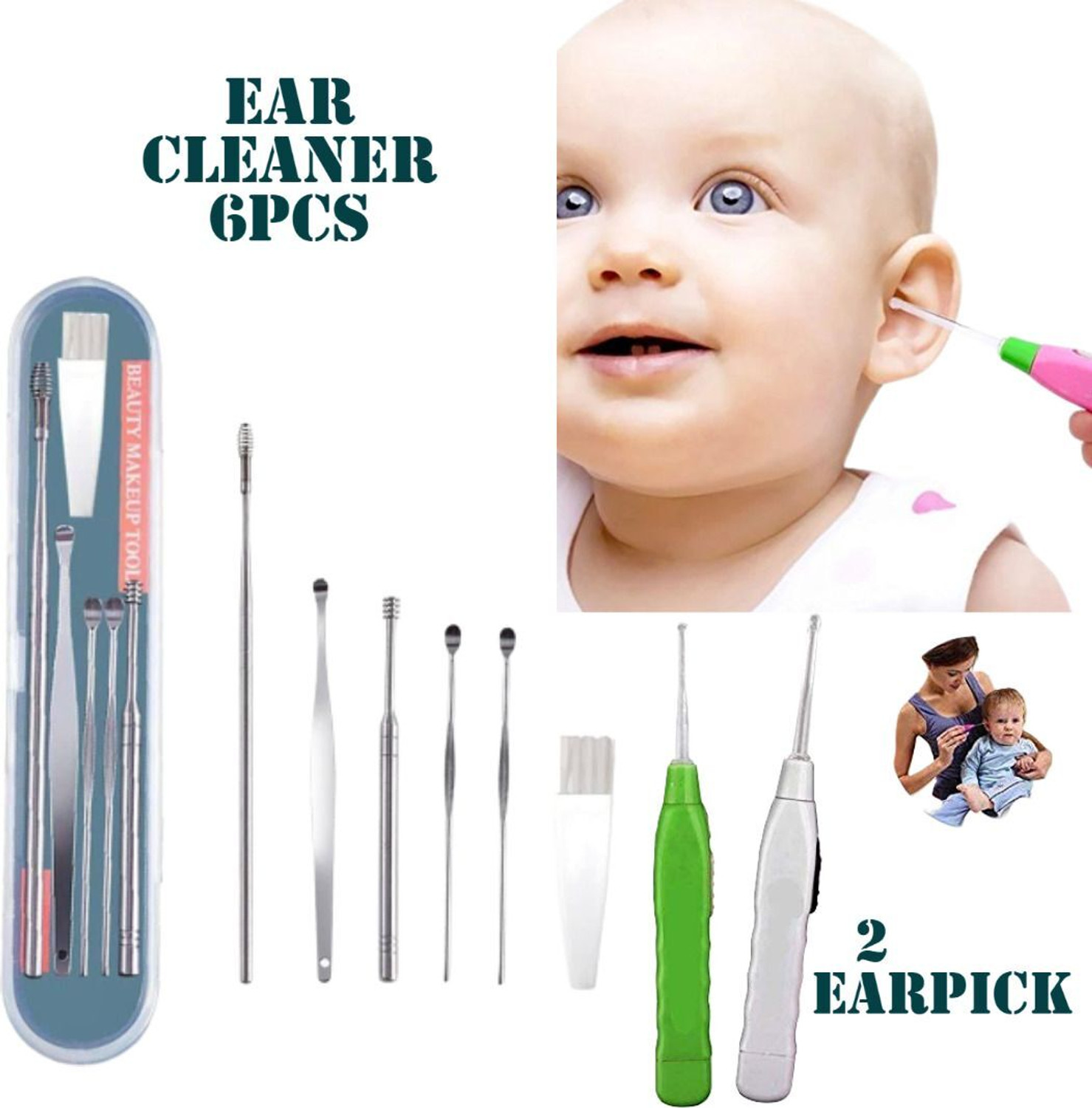 Image of Divine Enterprise Ear wax Remover with LED Flashlight Earpick 2 pack + Ear Wax Cleaner Kit(6 pcs)