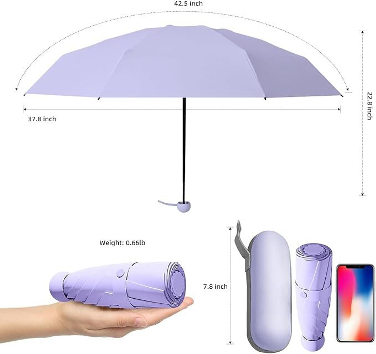Image of CITRODA Pocket Travel Umbrella Windproof (Manual Open) Sun Rain Mini Ultra-Light 2 Fold Umbrella (Purple)