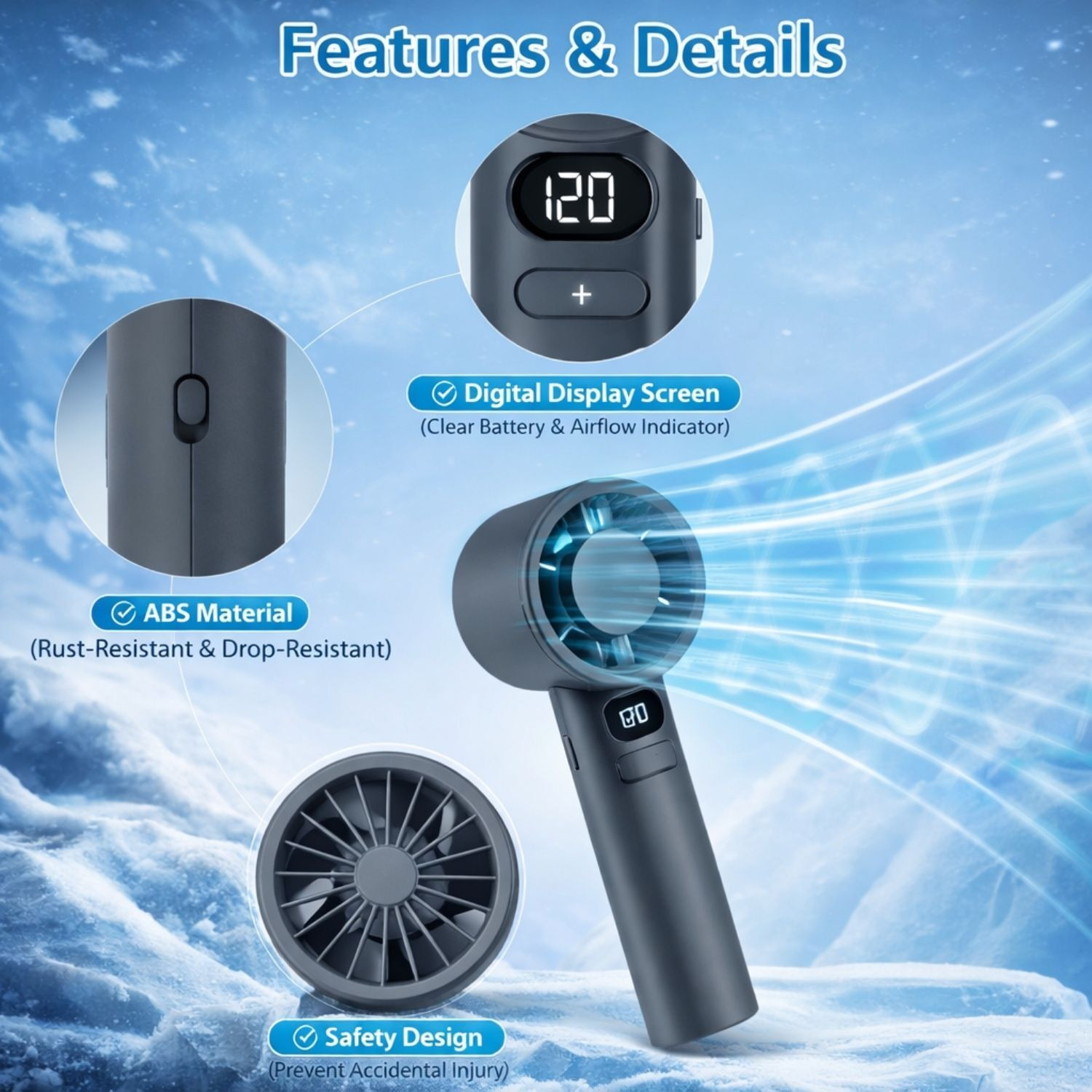 Image of TSEL Rechargeable Hand Fan Mini Fan USB Fan Portable Fan with 1200 mAh Battery, 120 High Speed , LED Digital Display, Adjustable Speed Cooling Fan Rechargeable Fan
