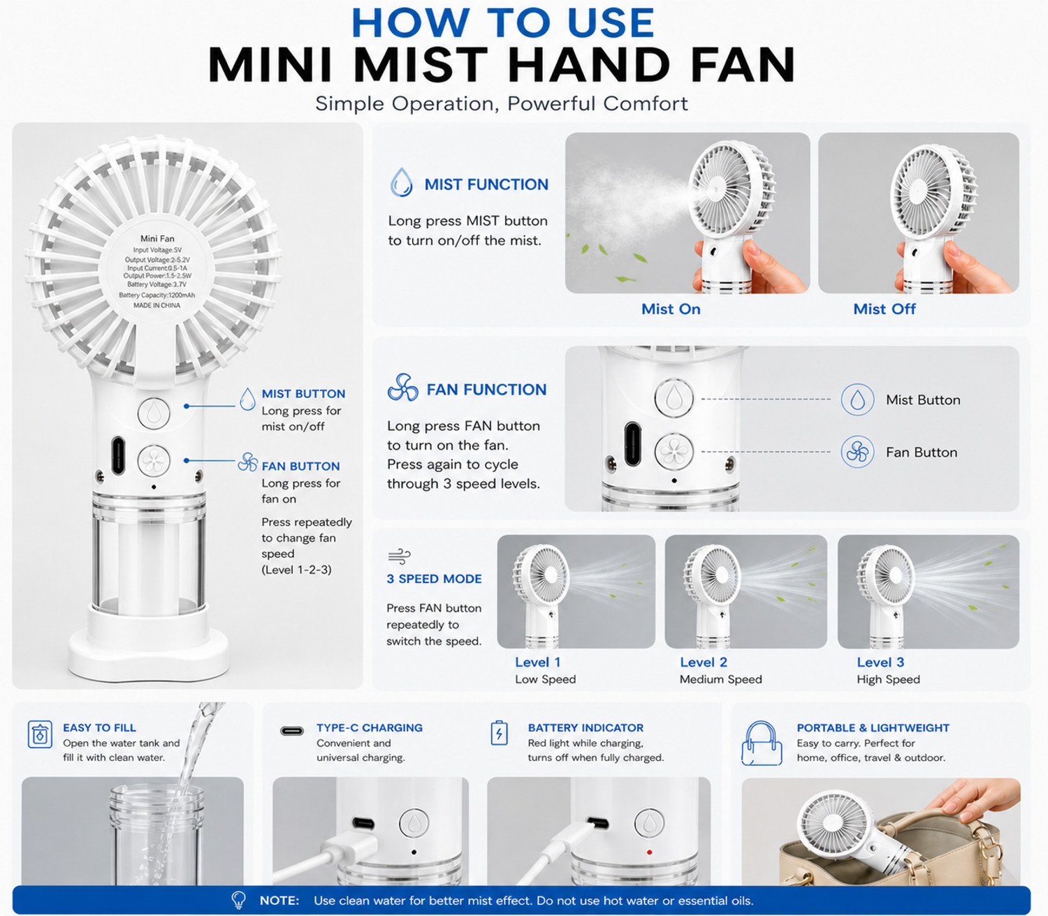 Image of HazarikaMart Mini Fan with Water Spray Cooling USB Rechargeable Mist Spray Fan Portable Hand Fan with 3 Speed Modes Type-C Charging Mini Cooling Fan Rechargeable Fan, USB Fan, USB Air Cooler