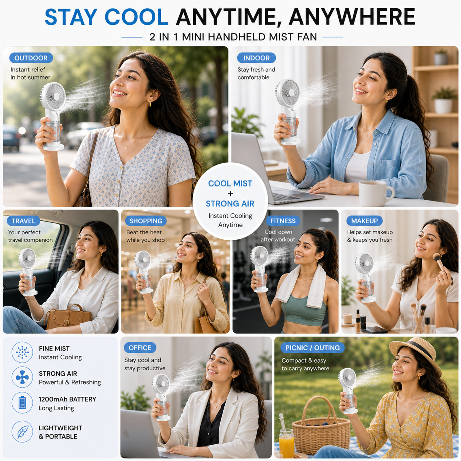 Image of HazarikaMart Mini Fan with Water Spray Cooling USB Rechargeable Mist Spray Fan Portable Hand Fan with 3 Speed Modes Type-C Charging Mini Cooling Fan Rechargeable Fan, USB Fan, USB Air Cooler