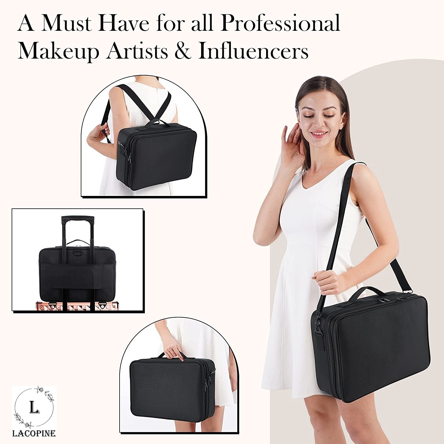 Image of LACOPINE Large Capacity Makeup Bag,Cosmetic Organizer with Removable And Adjustable Dividers and Strap for Cosmetics Makeup Brushes Accessories Make Up, Jewelry Vanity Box