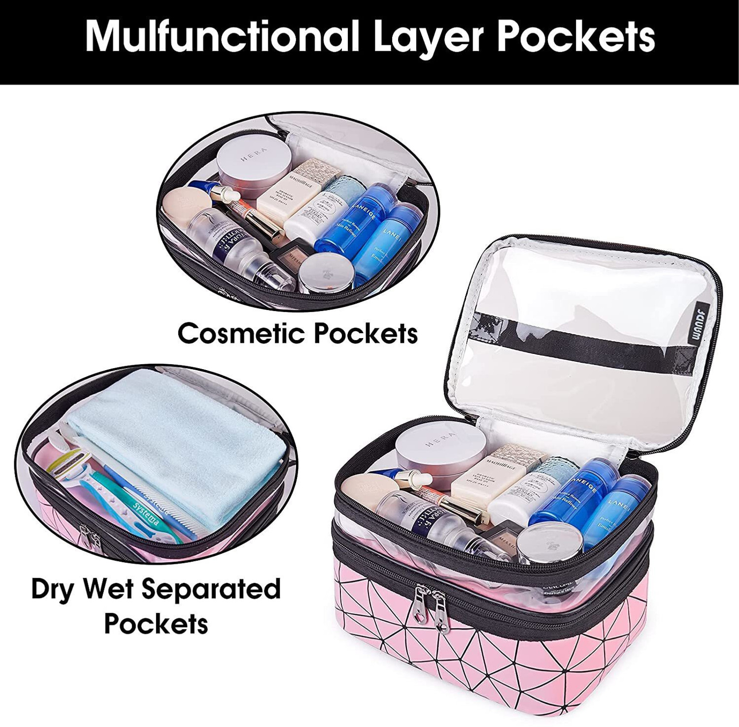Image of TradeVast Makeup Bags Double Layer Travel Cosmetic Cases Make up Organizer Toiletry Bags-Pink Makeup Vanity Box