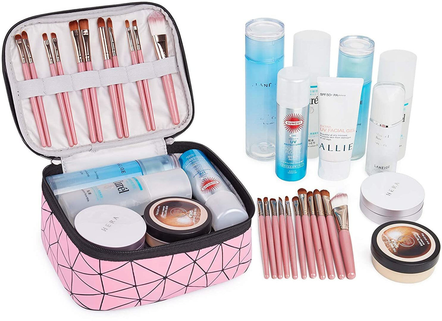 Image of TradeVast Makeup Bags Double Layer Travel Cosmetic Cases Make up Organizer Toiletry Bags-Pink Makeup Vanity Box