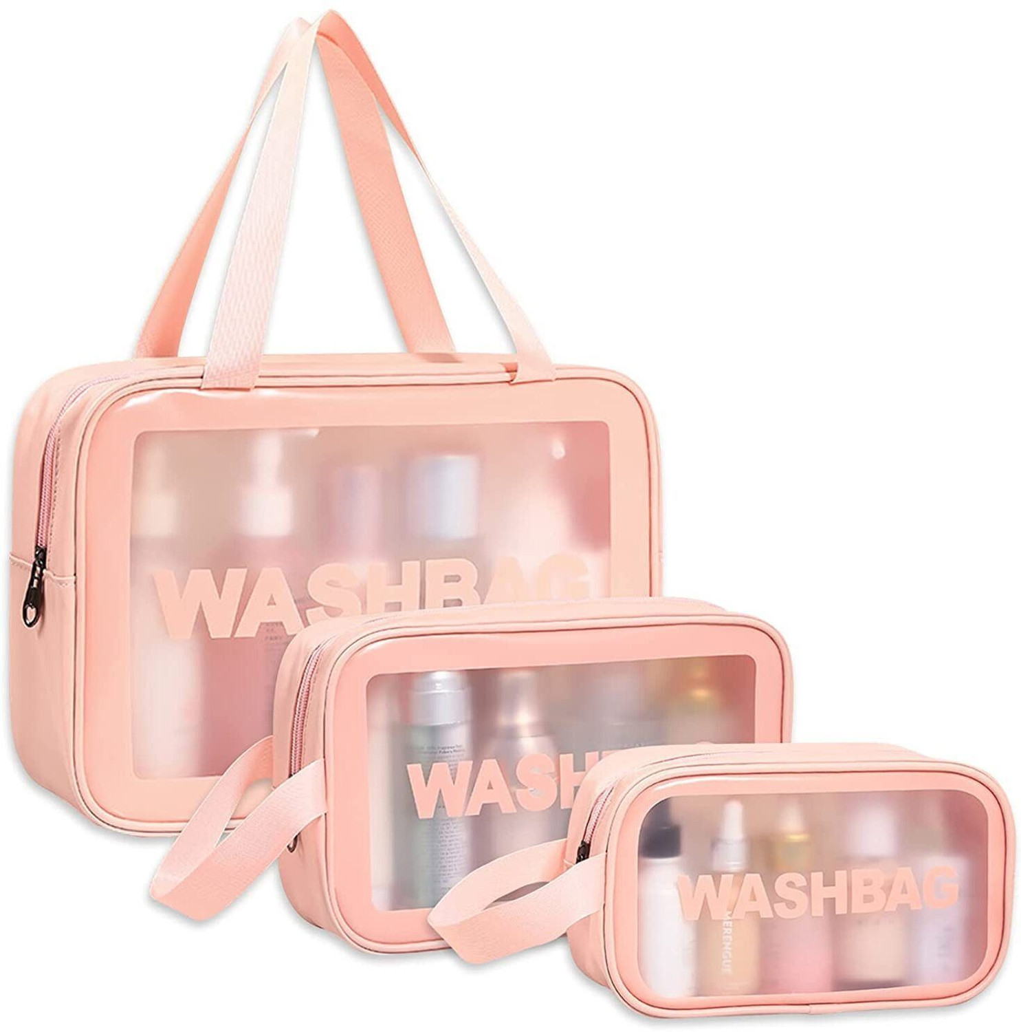 Image of Trishakti 3 PCS Cosmetic Bag Pouch Transparent Pvc Travel Toiletry Makeup Wash Bag (Pink)