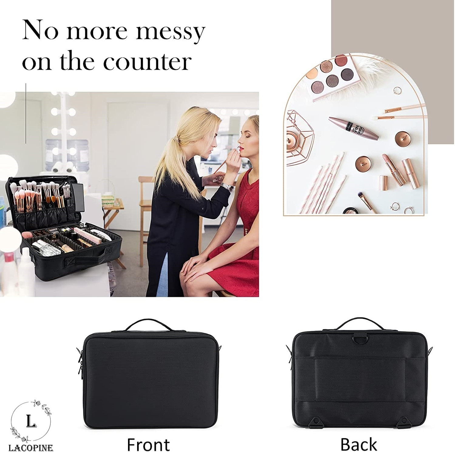 Image of LACOPINE Large Capacity Makeup Bag,Cosmetic Organizer with Removable And Adjustable Dividers and Strap for Cosmetics Makeup Brushes Accessories Make Up, Jewelry Vanity Box
