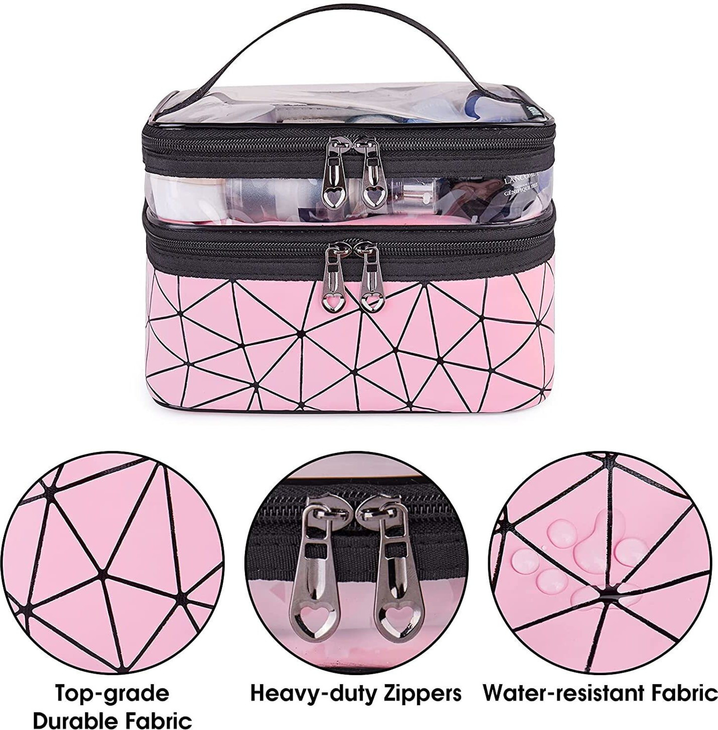Image of TradeVast Makeup Bags Double Layer Travel Cosmetic Cases Make up Organizer Toiletry Bags-Pink Makeup Vanity Box