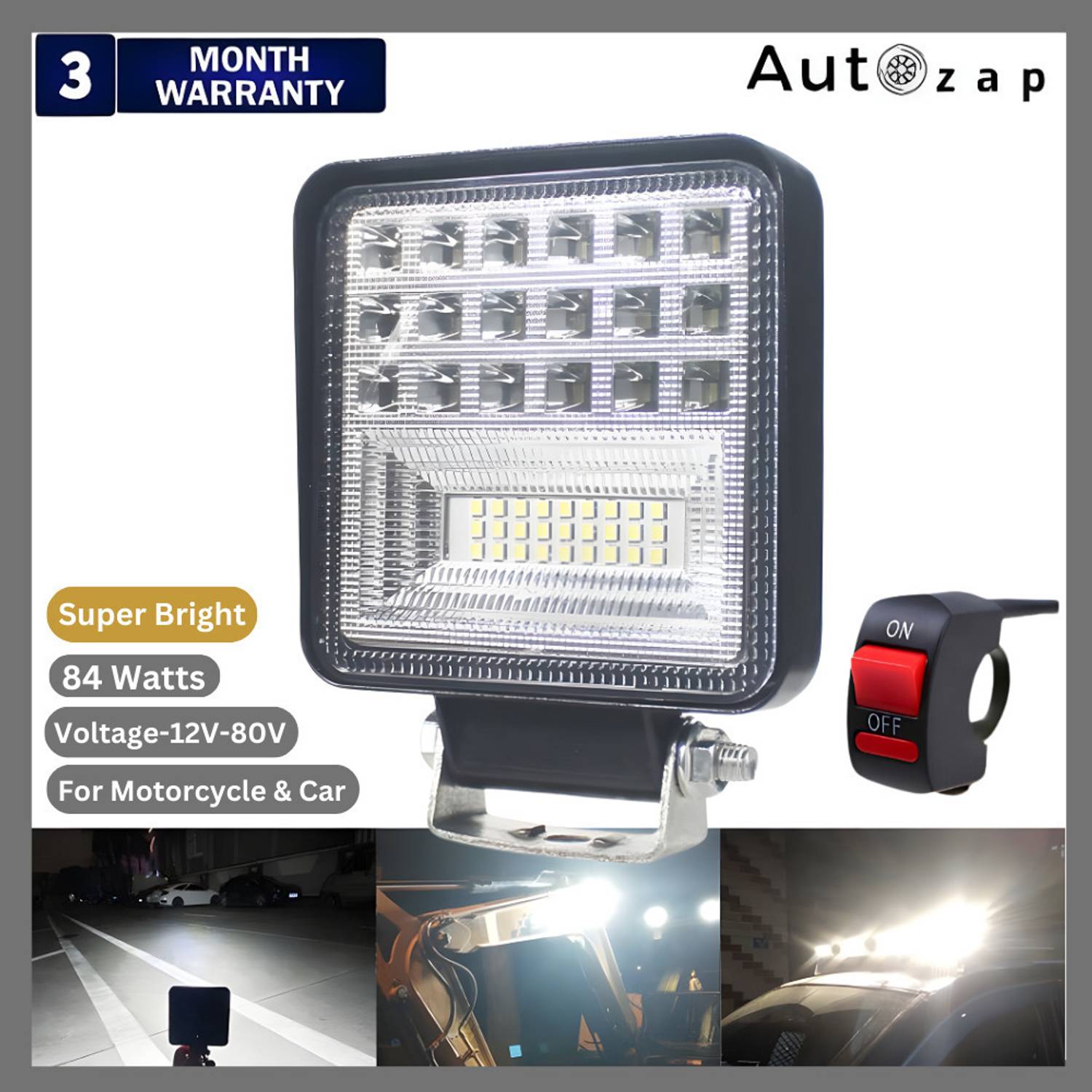 Autozap 42 LED Fog Lamp Unit White With Switch (DC 12V-80V 84W) Headlight Car, Motorbike, Truck, Van LED (12 V, 84 W)
