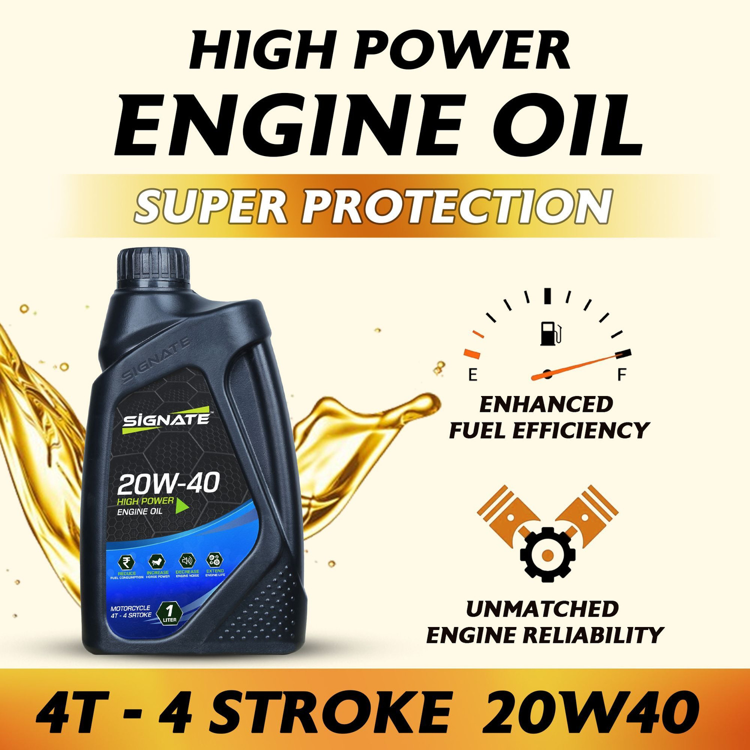 Image of Signate 20W40 Synthetic 4-Stroke Engine Oil Maximum Engine Protection for Bikes & Motorcycles | High Performance Engine Oil (1 L, Pack of 3)