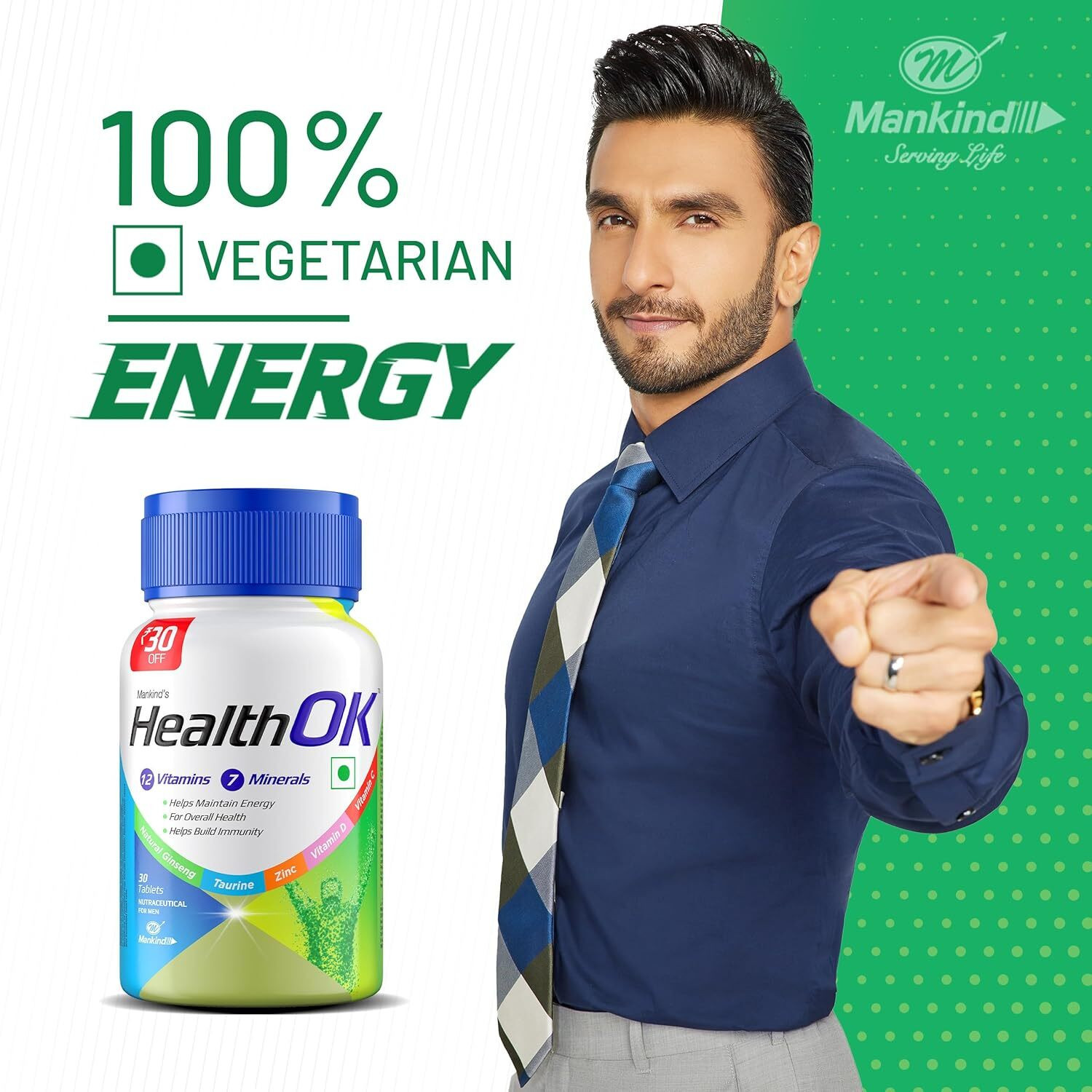 Image of Mankind's Health OK Multivitamin with Natural Ginseng and Taurine power Daily Energy,100% Vegetarian (3 x 30 Tablets)