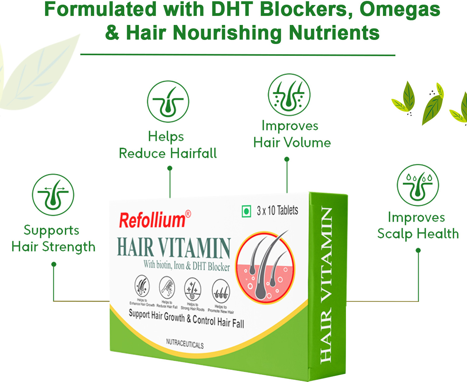 Image of Refollium Hair Vitamins (with Biotin & Iron)for Hair Regrowth & Hairfall Control