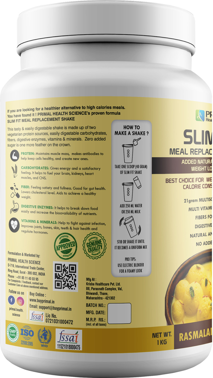 Image of PRIMAL HEALTH SCIENCE Slim Fit Protein Shake for Weight Loss | Low Fat Healthy Meal Replacement Powder Protein Shake