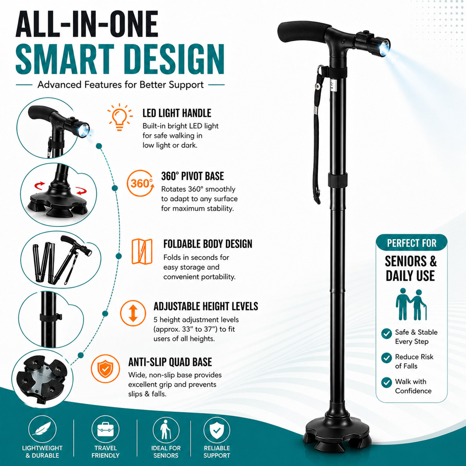 Image of pranzo Rotating Base Folding Walking Stick with LED Light Walking Stick