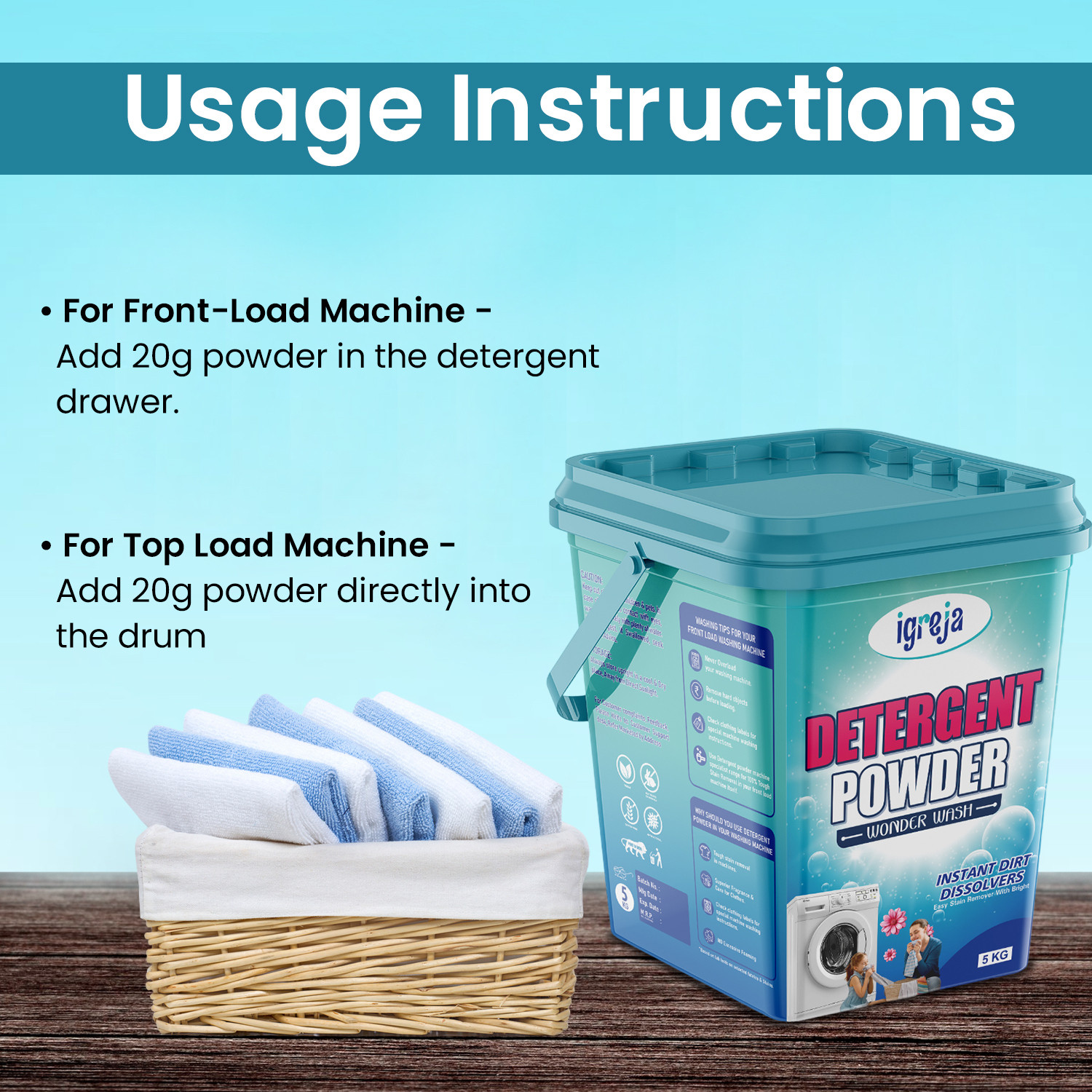 Image of IGREJA Bright Like New Front /Top Load Wonder Wash Blue Detergent Powder 5 kg Detergent Powder 5 kg