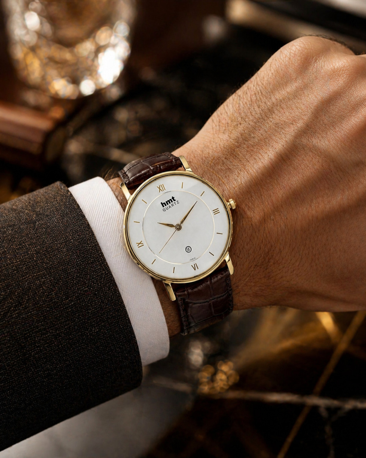 Image of HMT Quartz HMT date watch leather belt men's watch HMT white dial date display quartz analog watch for men Analog Watch - For Men