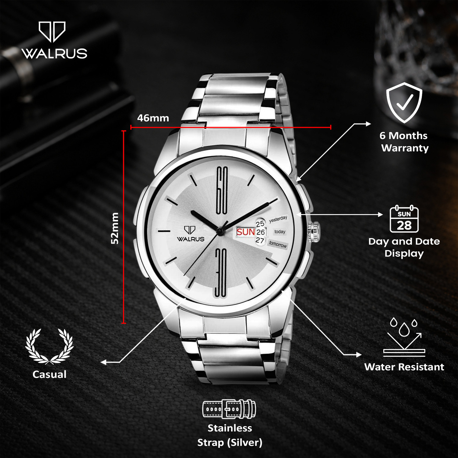 Image of Walrus Silver Dial Day-Date Display Stainless Steel Strap Analog Watch - For Men WWTM-AST-XII-070707
