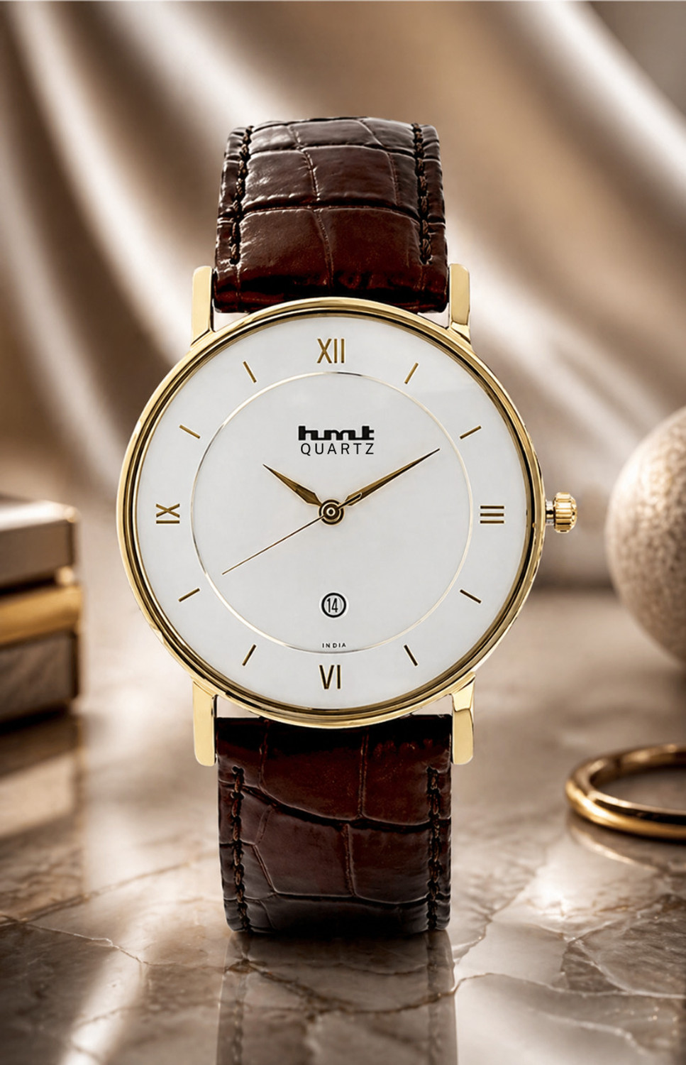 Image of HMT Quartz HMT date watch leather belt men's watch HMT white dial date display quartz analog watch for men Analog Watch - For Men