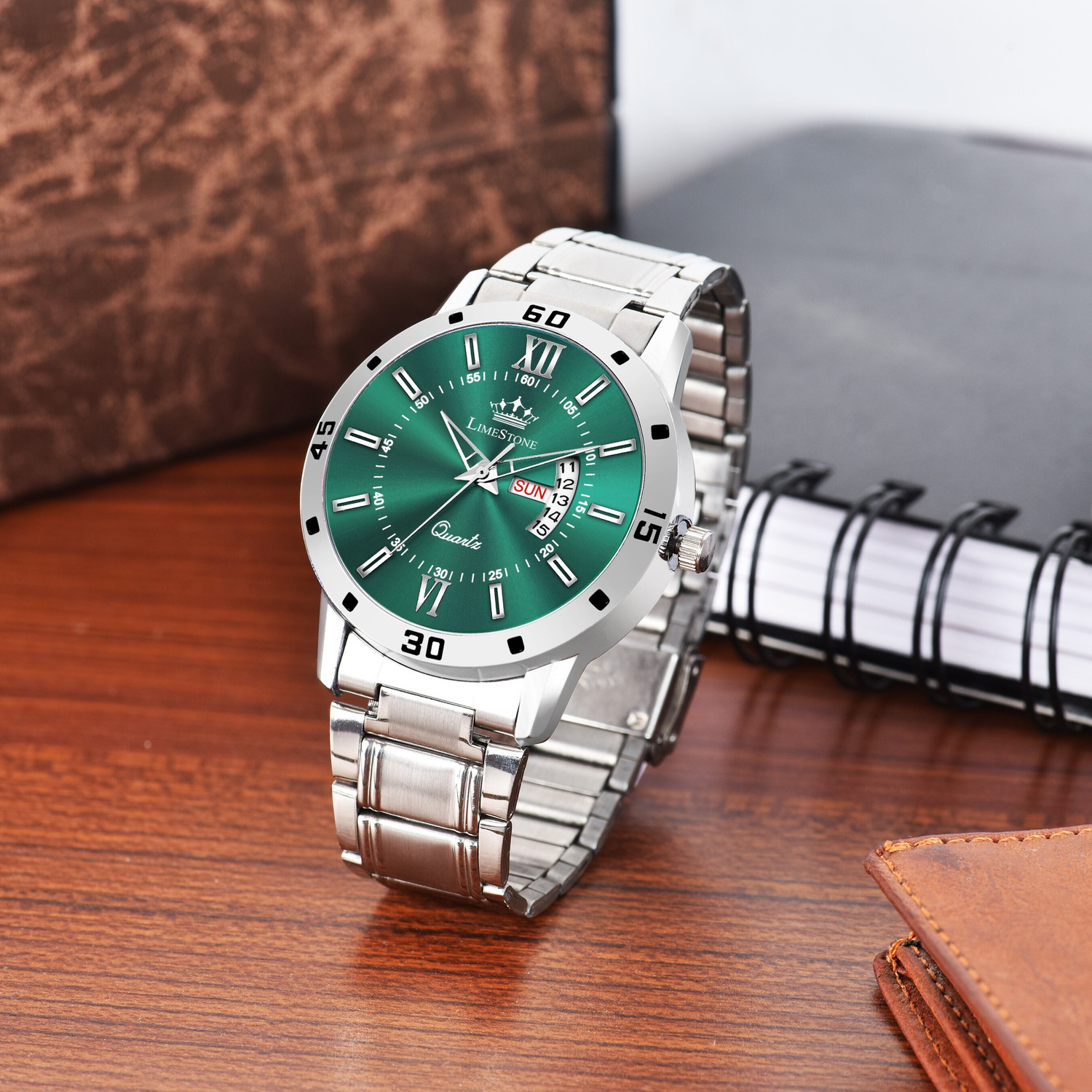 Image of LIMESTONE Olive Green Day and Date Quartz Olive Green Day and Date Quartz Analog Watch - For Men
