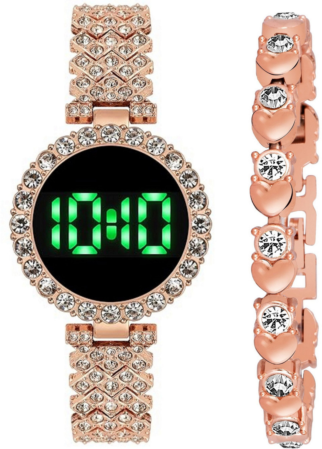 Image of MAAN INTERNATIONAL 803-Rosegold Diamond Studded Round Dial Touch Screen with Bracelet Combo Metal Strap Digital Watch - For Women