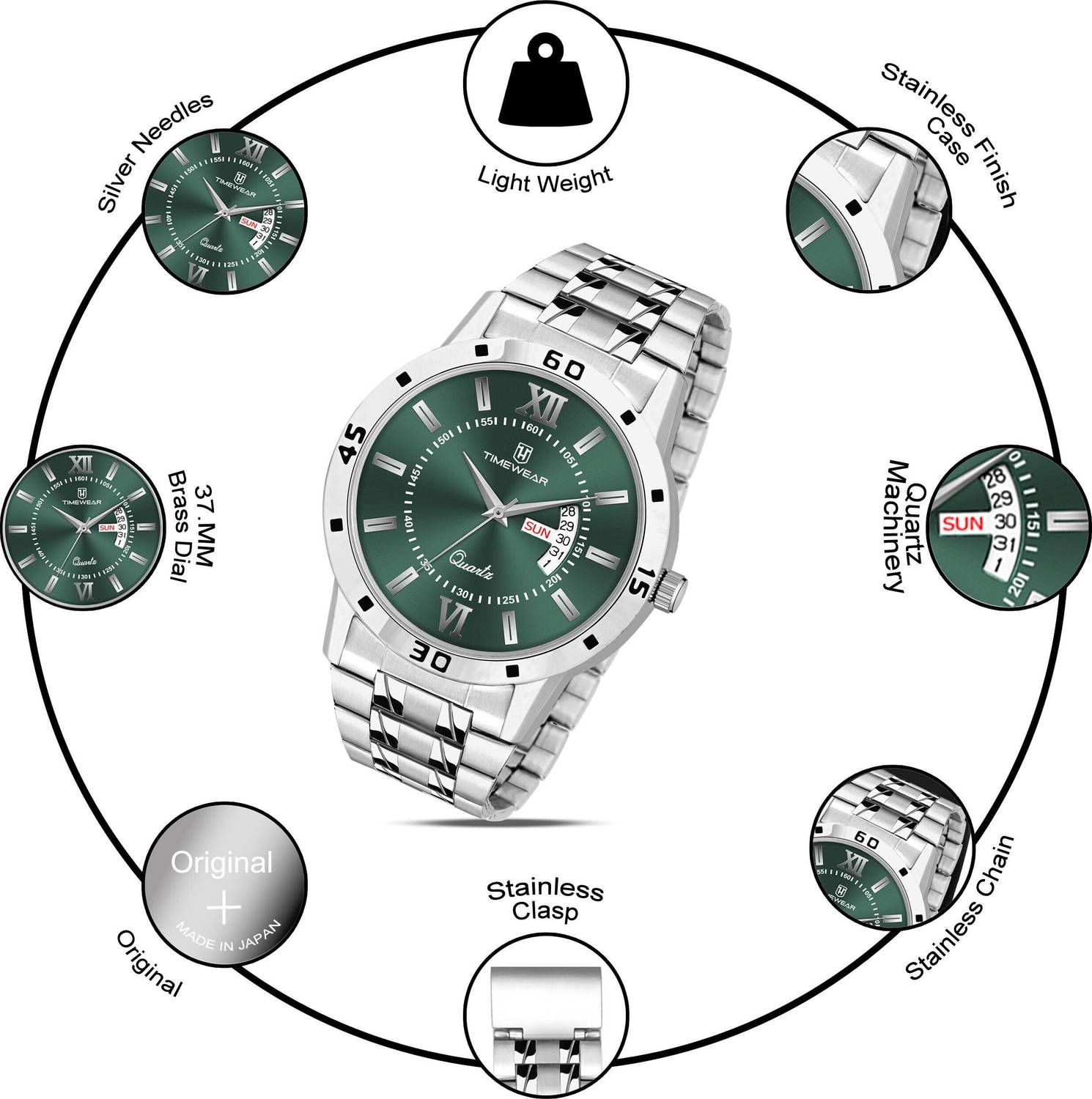 TIMEWEAR 334GDTG Green Roman Dial Watch - Image 3