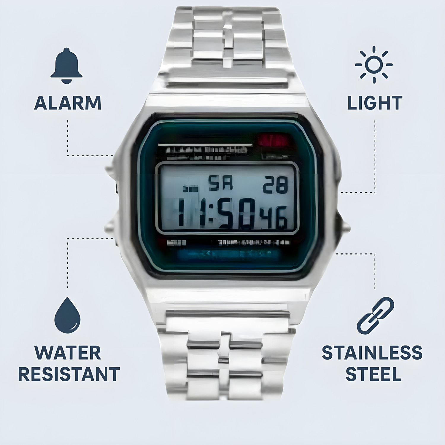Image of Timofywr silver Digital Watch Waterproof Stainless Strap Stopwatch Alarm Trendy Chain Strap Series Digital Watch - For Men & Women