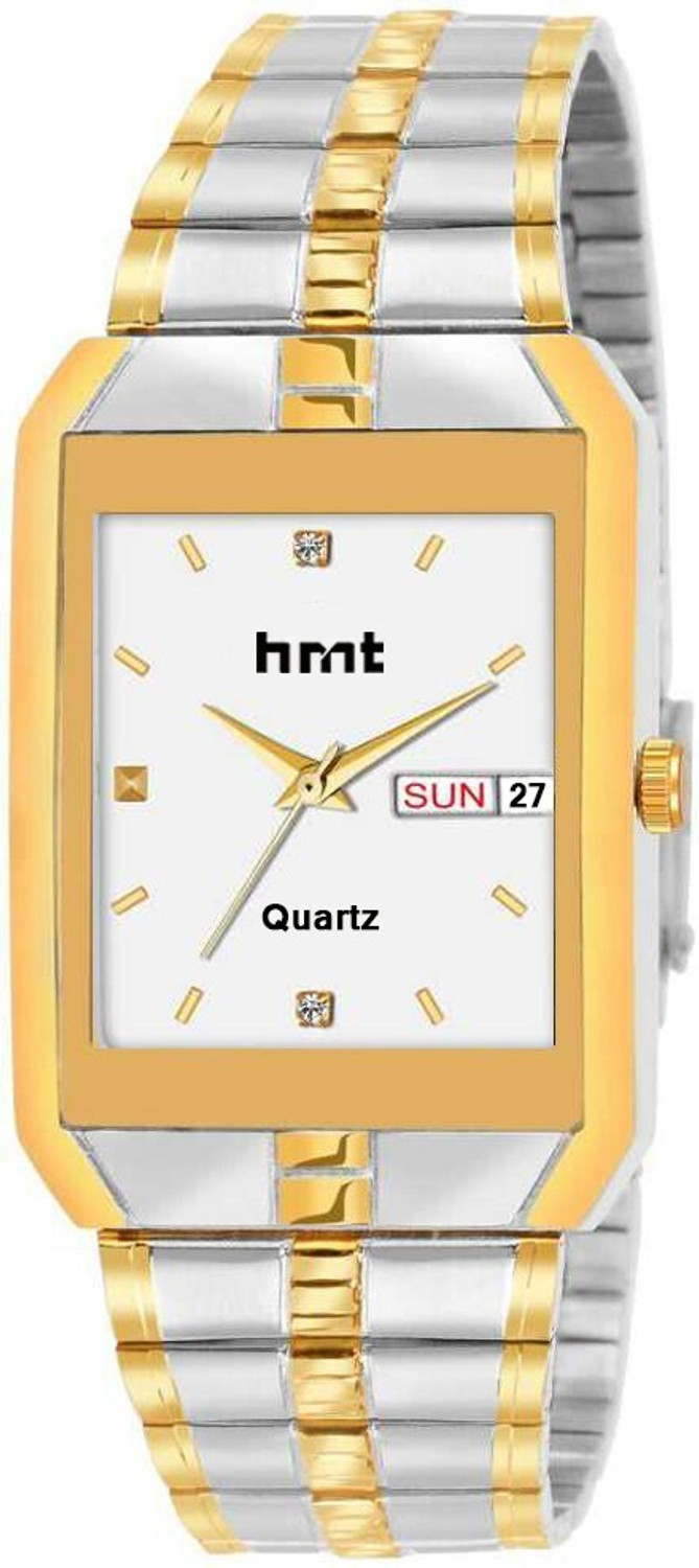Image of hmt QUARTZ Shine White HMTS Day & Date Series Two Tone Plating Golden Metal Wrist Watch Analog Watch - For Men