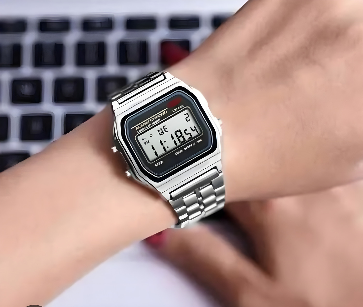 Image of Timofywr silver Digital Watch Waterproof Stainless Strap Stopwatch Alarm Trendy Chain Strap Series Digital Watch - For Men & Women