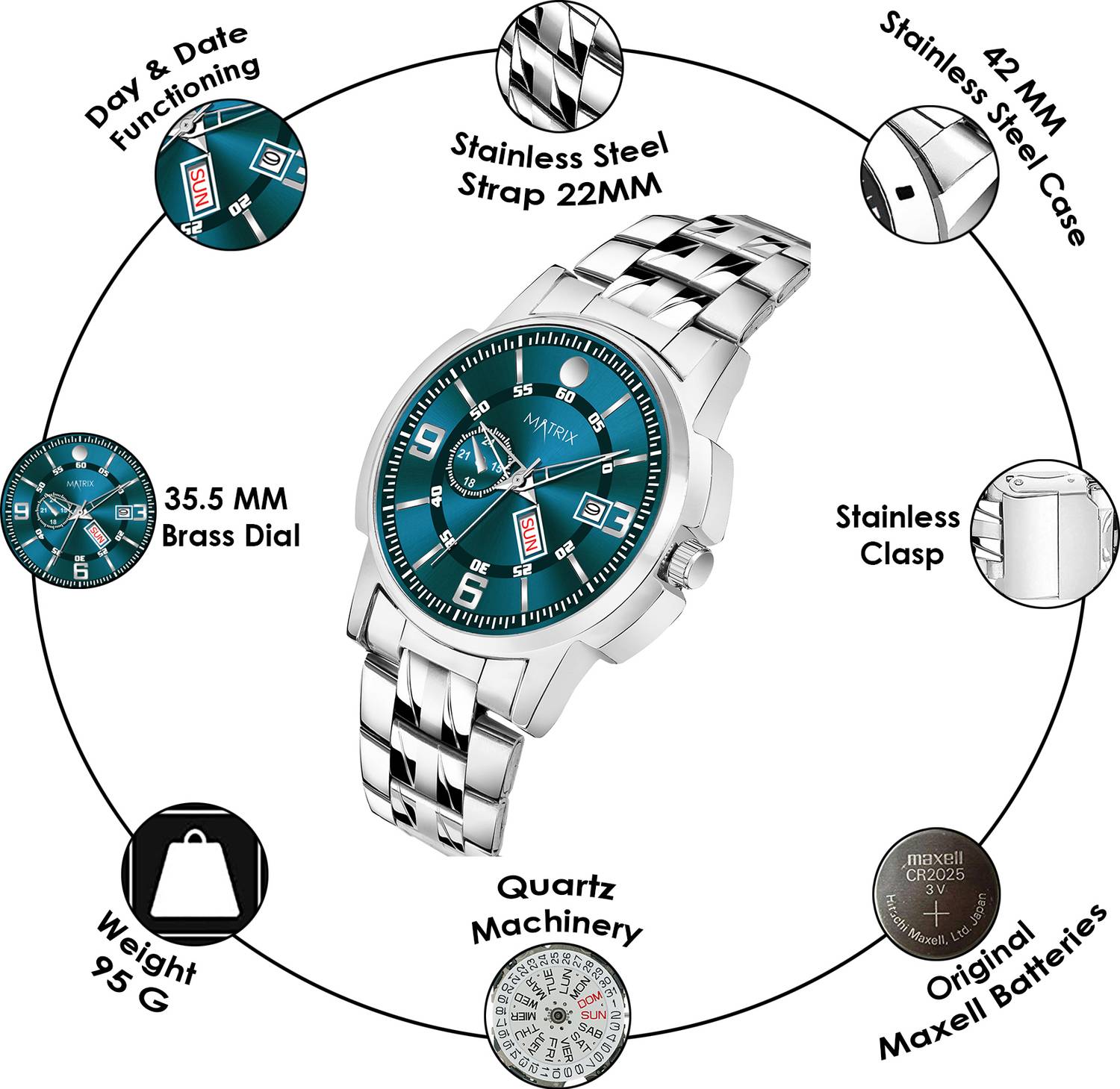 Matrix DD-114-GR Green Day & Date Steel Analog Watch - Image 4