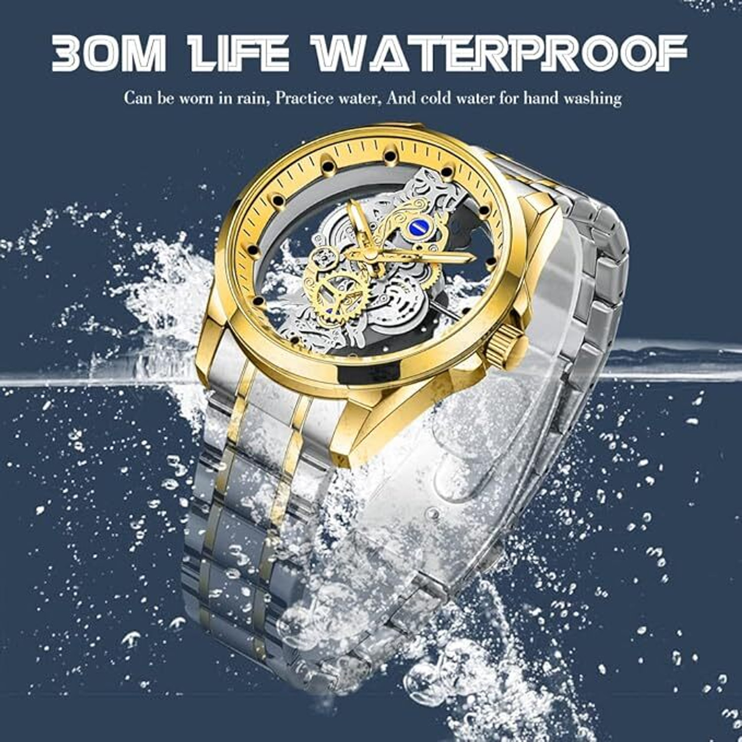 Image of NAYABE Skeleton Watch for Men, Two-Tone Silver and Gold Stainless Steel NAYABE Skeleton Watch for Men, Two-Tone Silver and Gold Stainless Steel Analog Watch - For Boys