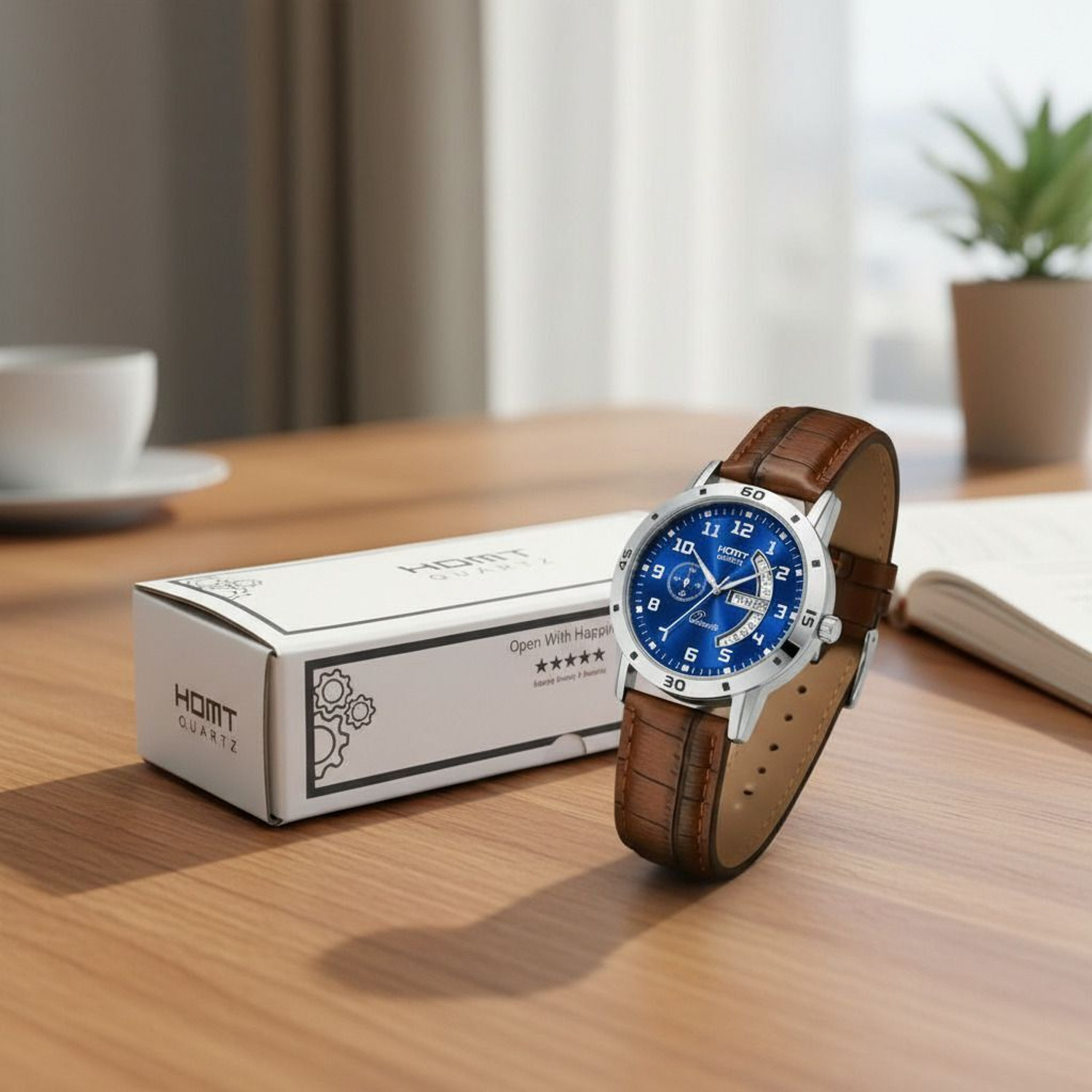 Image of homt HOMT Working Day-Date leather belt Smart Analog watch for men (boys) Premium Work Wear blue dial brown Leather Smart Analog Watch - For Men