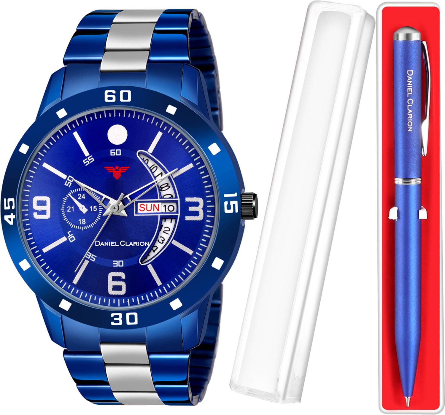 Image of DANIEL CLARION DC-1116-Blue+blue Pen Day and date Analog watch for men with blue Ball Pen Analog Watch - For Boys