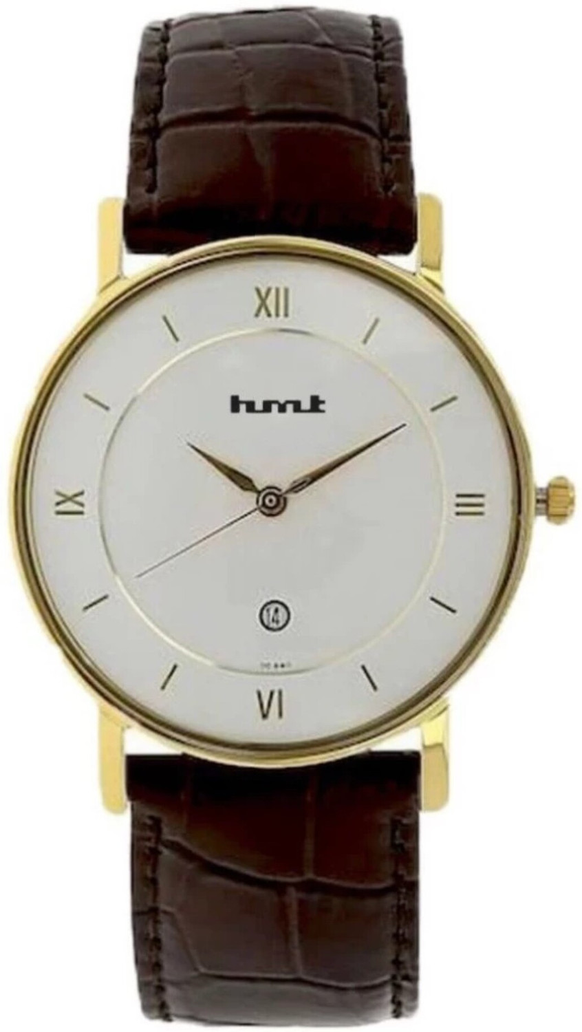 Image of HMT Quartz Date Working hmt 9162SL01 Dial Gold Strap Brown Analog Watch - For Men
