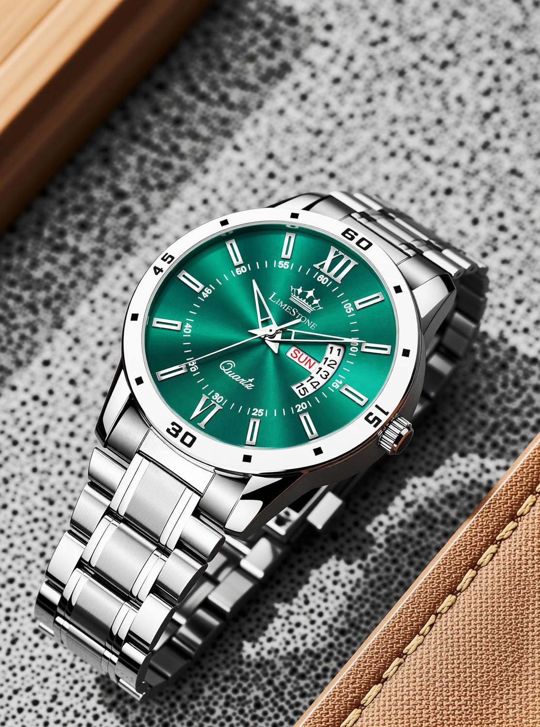 Image of LIMESTONE Olive Green Day and Date Quartz Olive Green Day and Date Quartz Analog Watch - For Men