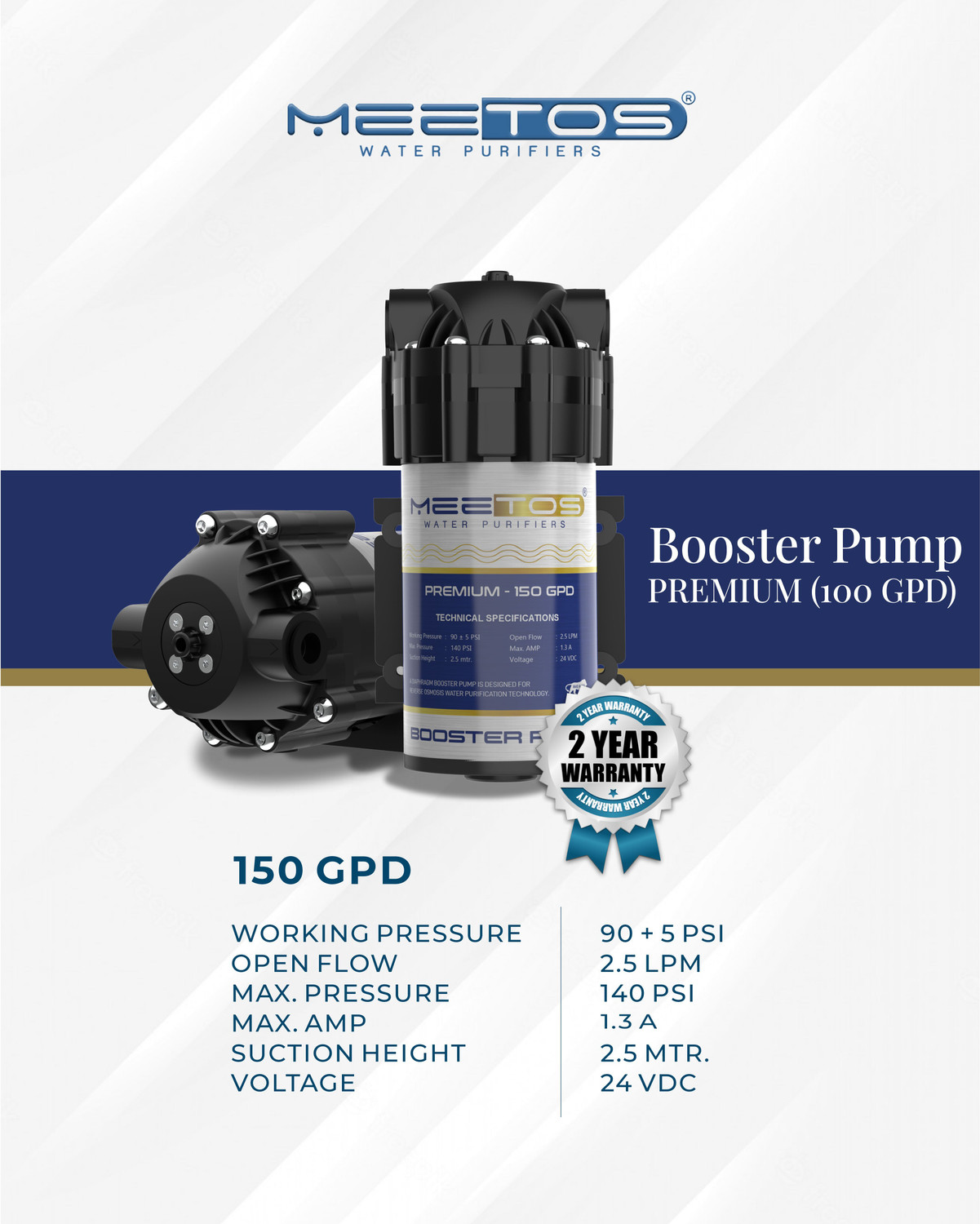 Image of MEETOS 150GPD RO Booster Pump Noise-Free Copper winding For All Water Purifier 2 Elbow Solid Filter Cartridge
