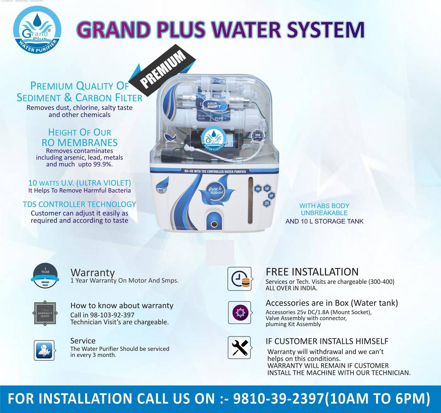 Grand plus Blue Swift 10 L RO + UV + UF + TDS Water Purifier 4