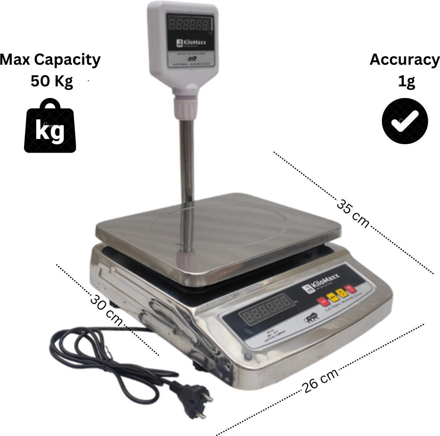 Image of KiloMaxx KM-23, 50kg Weight Scale Front & Green Pole Display Multipurpose Weighing Scale
