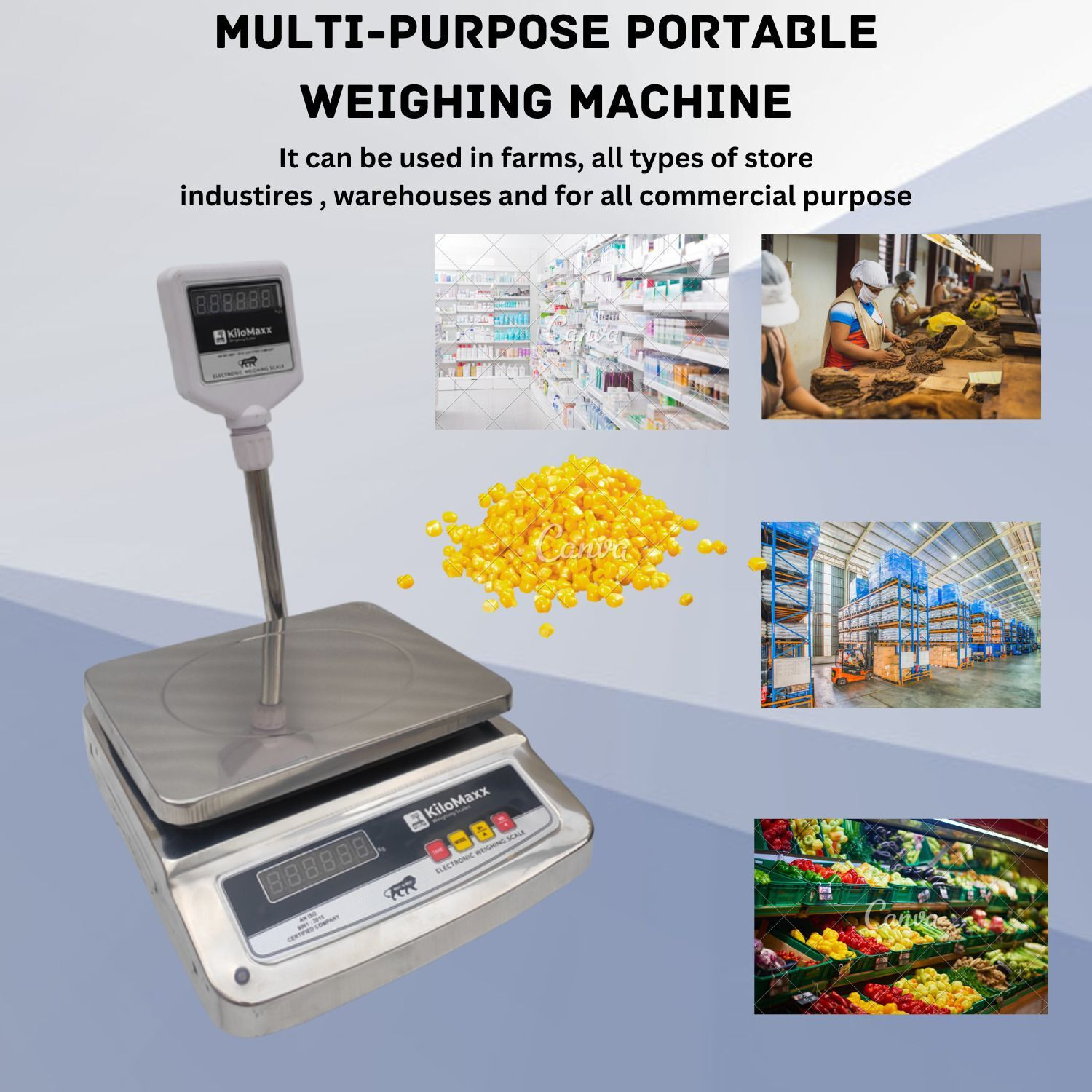 Image of KiloMaxx KM-23, 50kg Weight Scale Front & Green Pole Display Multipurpose Weighing Scale