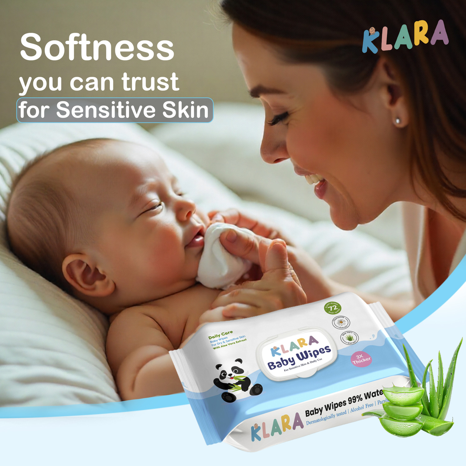 Image of Klara 99% Pure Water Baby Wipes| Rash-Free & Paraben-Free | With Lid | Pack of 1