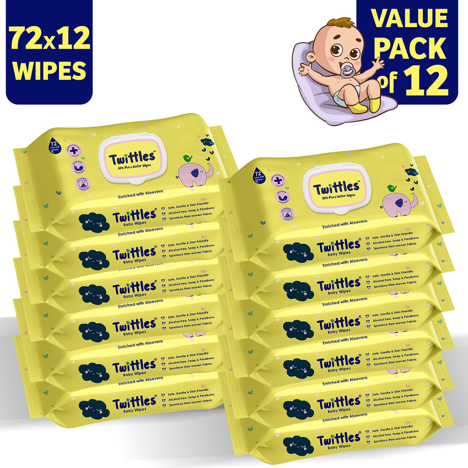 Image of Twittles Soft & Gentle Baby Cleansing Wipes With Lid, 99% Water & Aloe Vera | Pack of 12