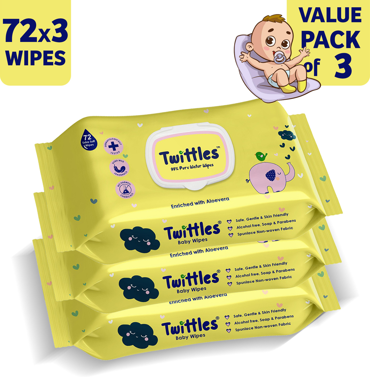 Image of Twittles Soft & Gentle Baby Cleansing Wipes With Lid, 99% Water & Aloe Vera | Pack of 3