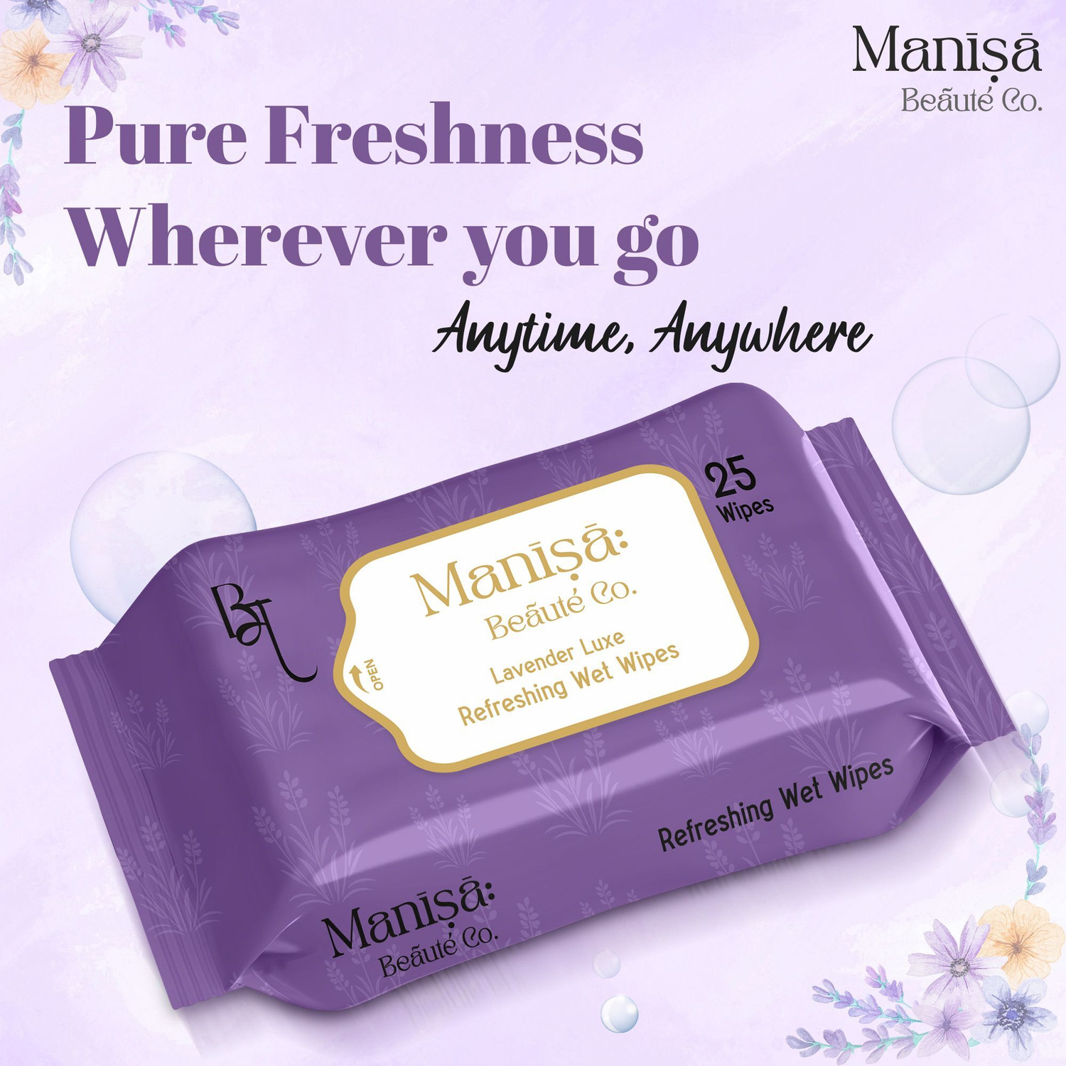 Image of Manisa Beaute Co LavenderLuxe Refreshing Wet Wipes, Alcohol Free & Vegan, (Pack of 8)