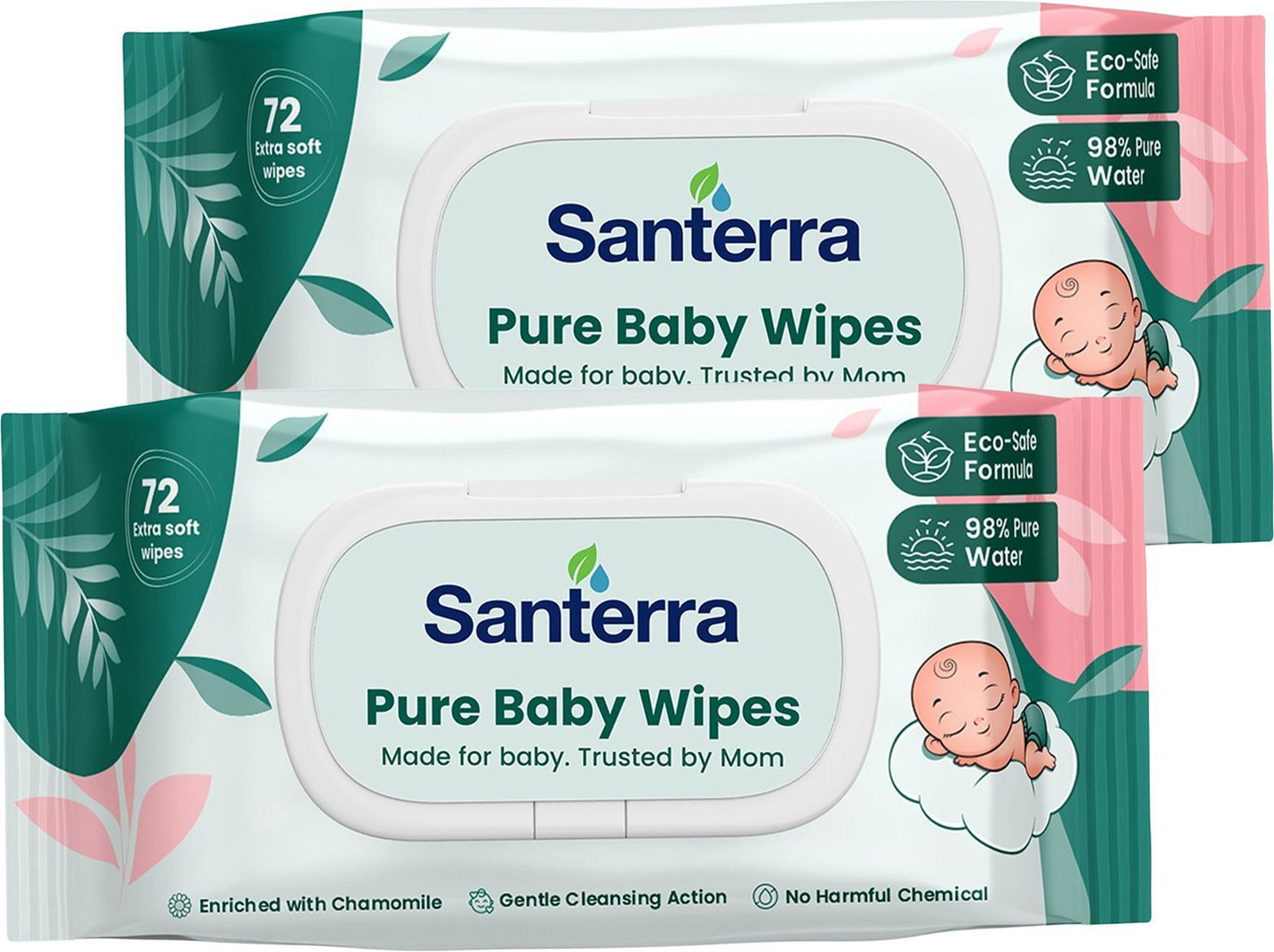 Image of Santerra Pure Baby Wipes Enriched with Chamomile & Vitamin-E Pack of 2 (144 Wipes)