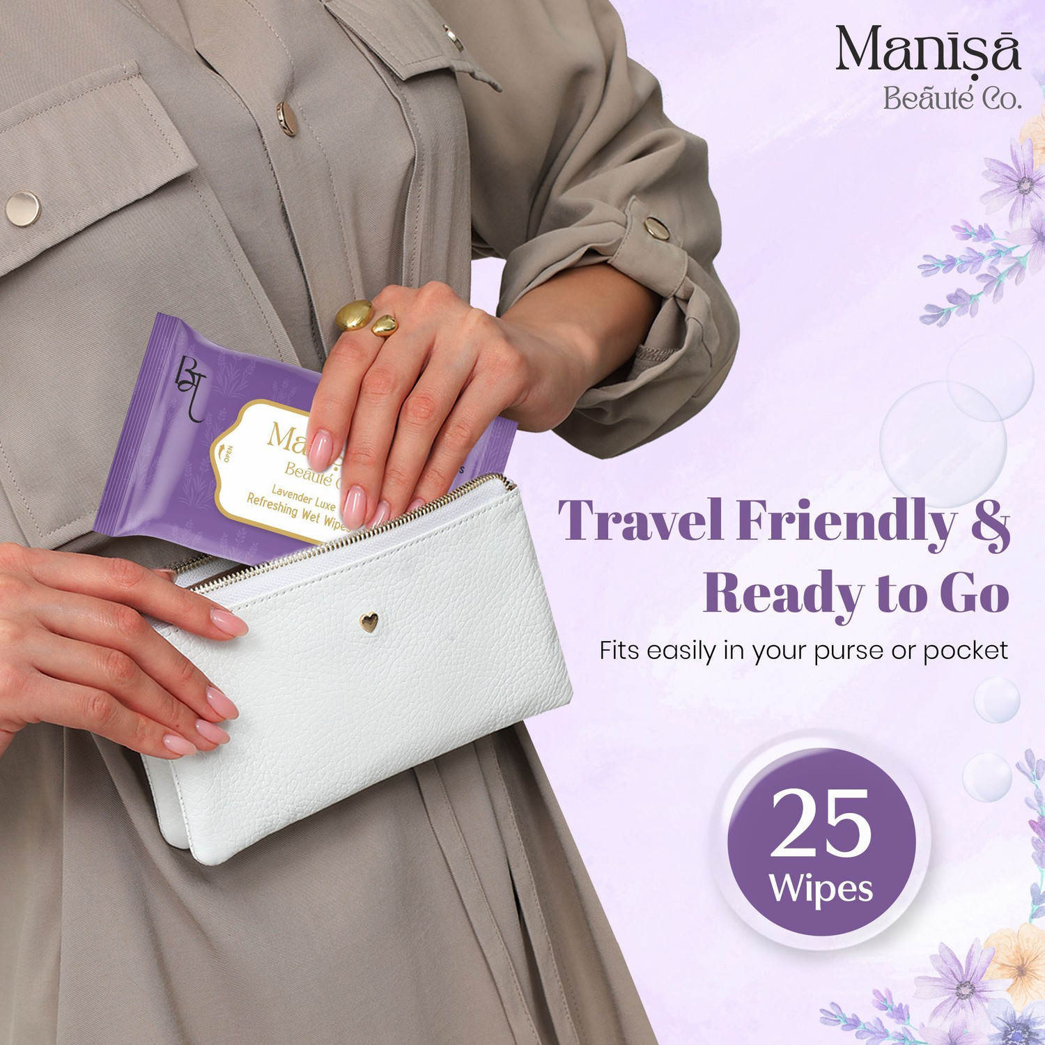 Image of Manisa Beaute Co LavenderLuxe Refreshing Wet Wipes, Alcohol Free & Vegan, (Pack of 8)