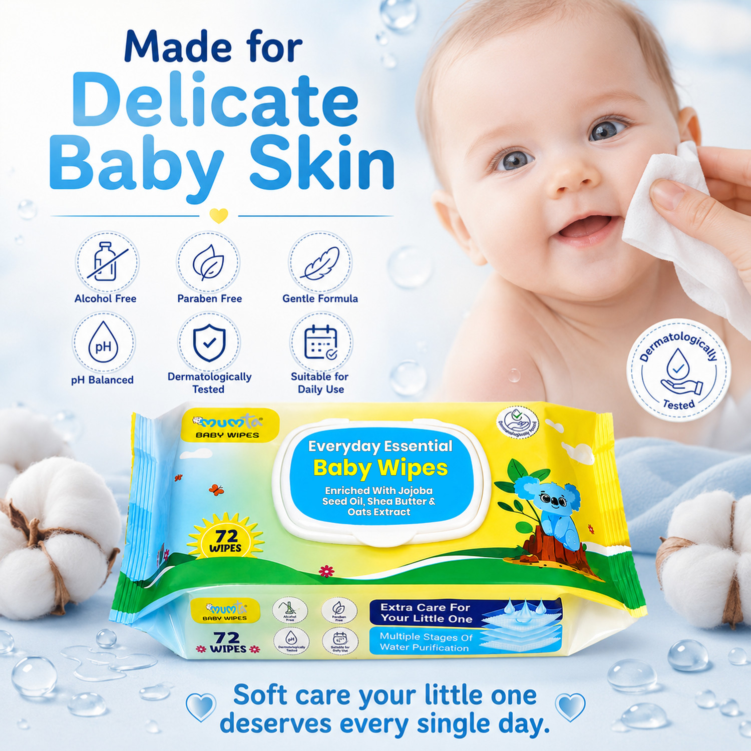 Image of Mumta Baby Wipes with Aloe Vera, Jojoba Oil, Vitamin E | Wet Wipe Pack of 5 With Lid