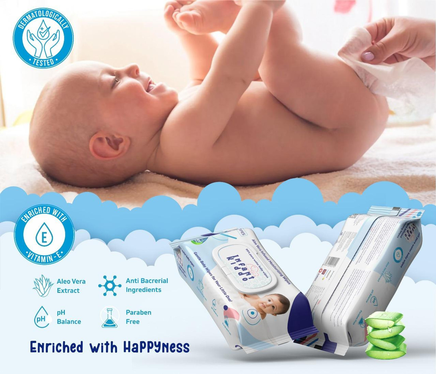 Image of Infant Kiddo Paraben Free Infused Moisturizing Baby Wipes with vitamins inchE inch& Alovera Pack of 1