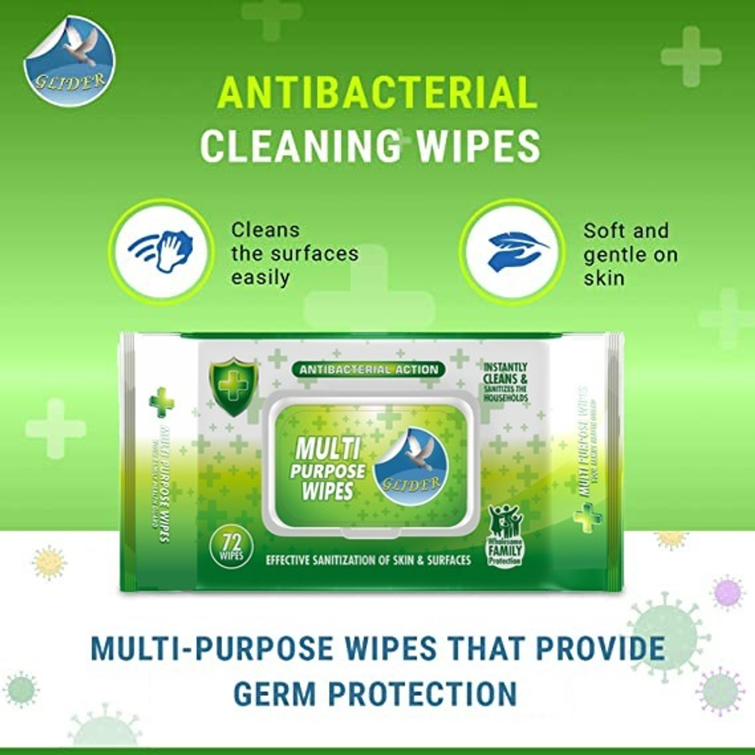 Image of GLIDER Multipurpose Wipes | Ideal for Skin & Surfaces | with Flip-top (Pack of 6