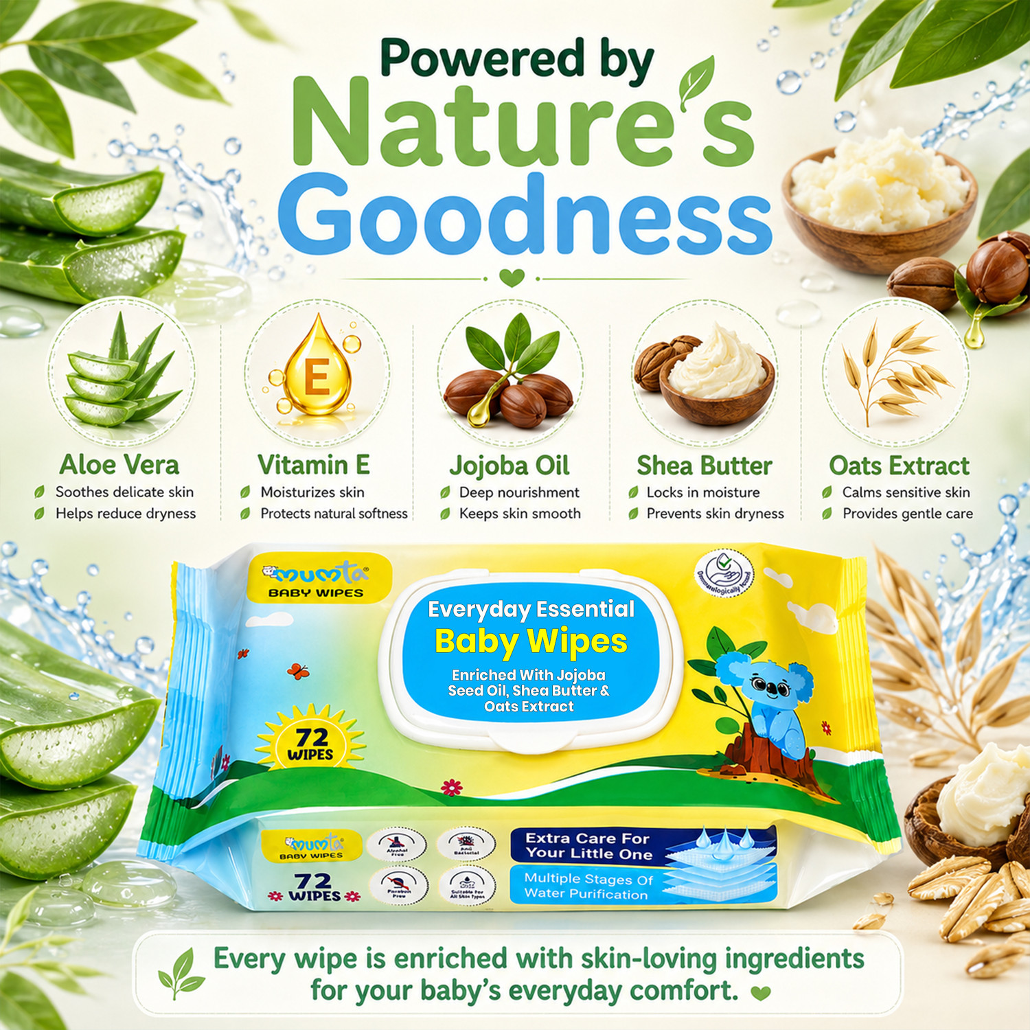 Image of Mumta Baby Wipes with Aloe Vera, Jojoba Oil, Vitamin E | Wet Wipe Pack of 5 With Lid