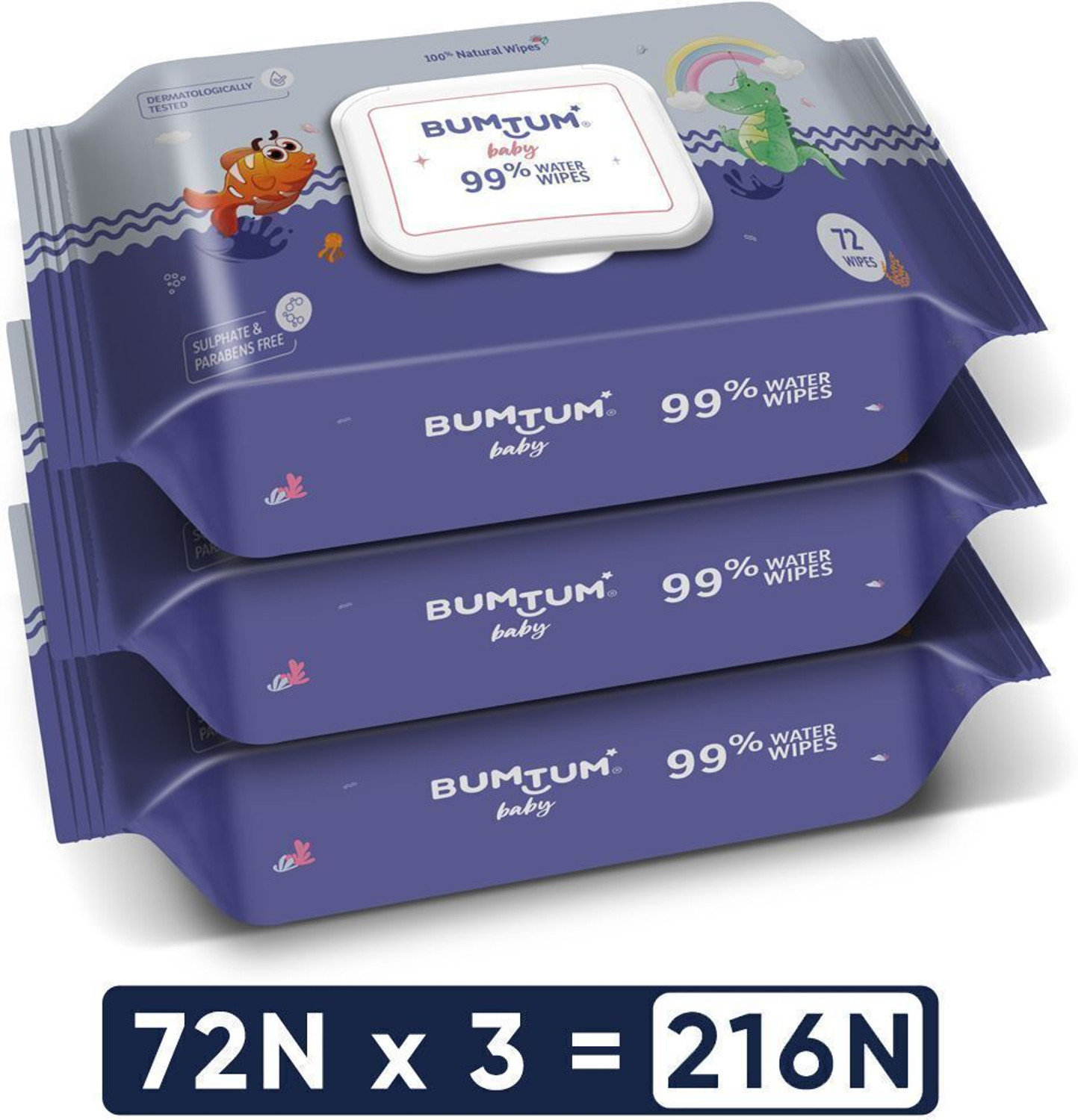 Image of Bumtum Bumtum Baby 99% Water Wet Wipes with Aloe Vera(216 Wipes) (Pack of 3)