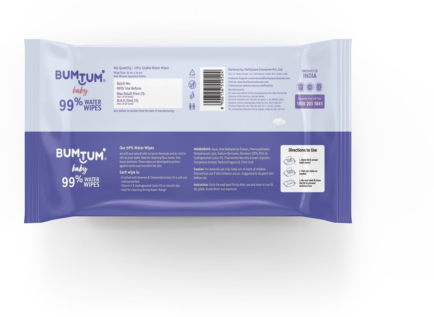 Image of Bumtum Bumtum Baby 99% Water Wet Wipes with Aloe Vera(216 Wipes) (Pack of 3)